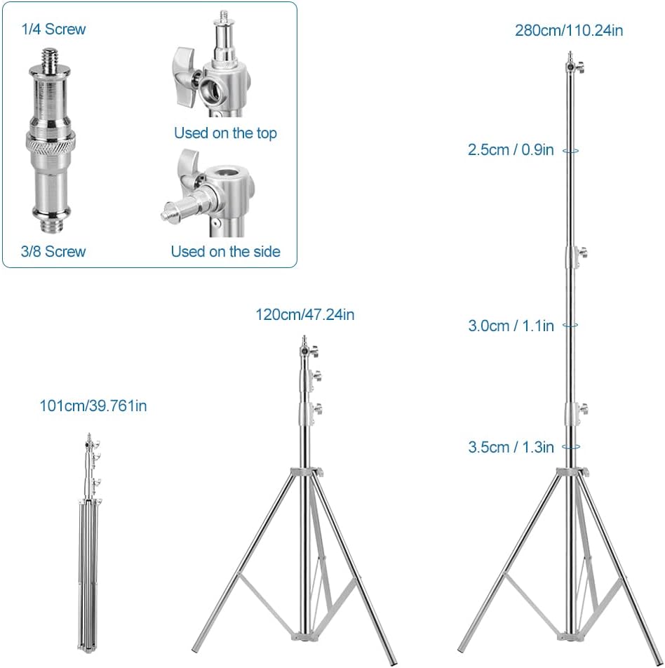 Stainless Steel Heavy Duty Photography Tripod Light Stand, 9.19 Feet/2.8m Studio Lighting Tripod for Speedlight, Strobe Light, Softbox, Umbrella