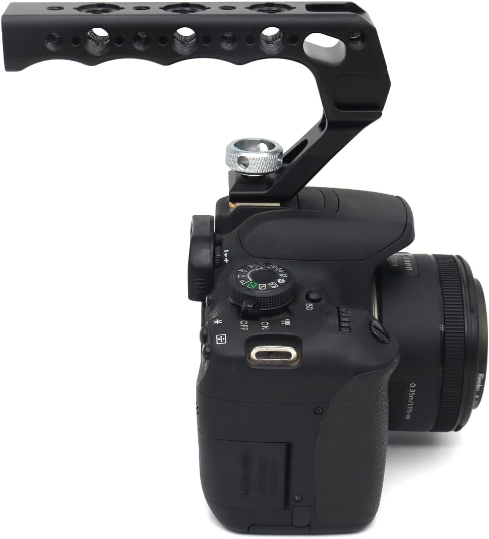 Top Handle Camera Grip with Cold Shoe Base for DSLR Camera Cage, with 3 Cold Shoe Adapters to Mount DSLR Camera with Microphone/LED Light/Monitor (Black with Cold Shoe Base)