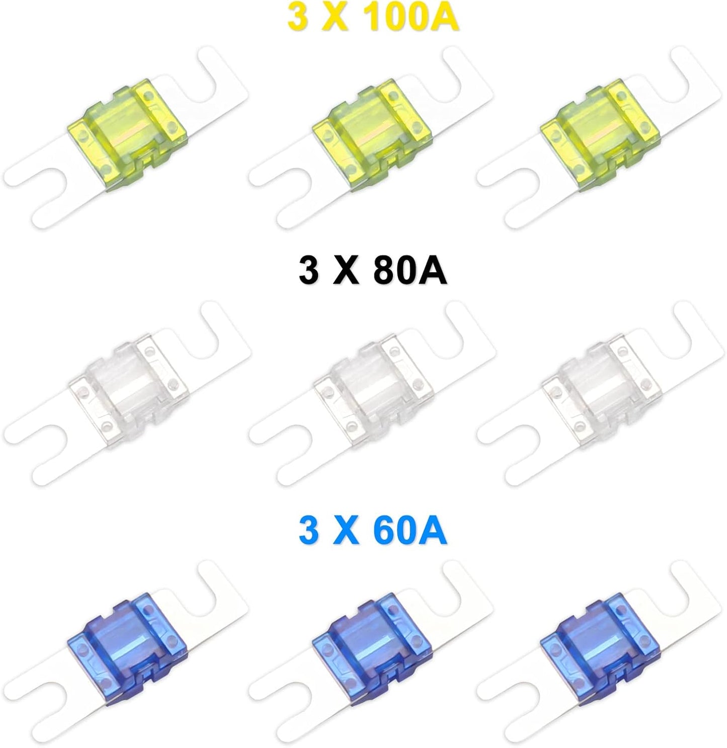 Recoil MFH13 3-Way Mini-ANL Fused Distribution Block, 3 X 0/2/4 Gauge in / 3 X 4/8 Gauge Out Fused Distribution Block with 60A, 80A, 100A Fuses, Solid Brass for Maximum Power Transfer