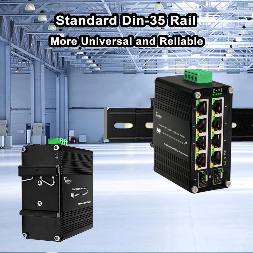 Industrial Managed 8 Port PoE Ethernet Switch with 2 SFP Slot, Gigabit Networking Switch with Web Management, Supporting Din-Rail, Black, XY-M2F8P