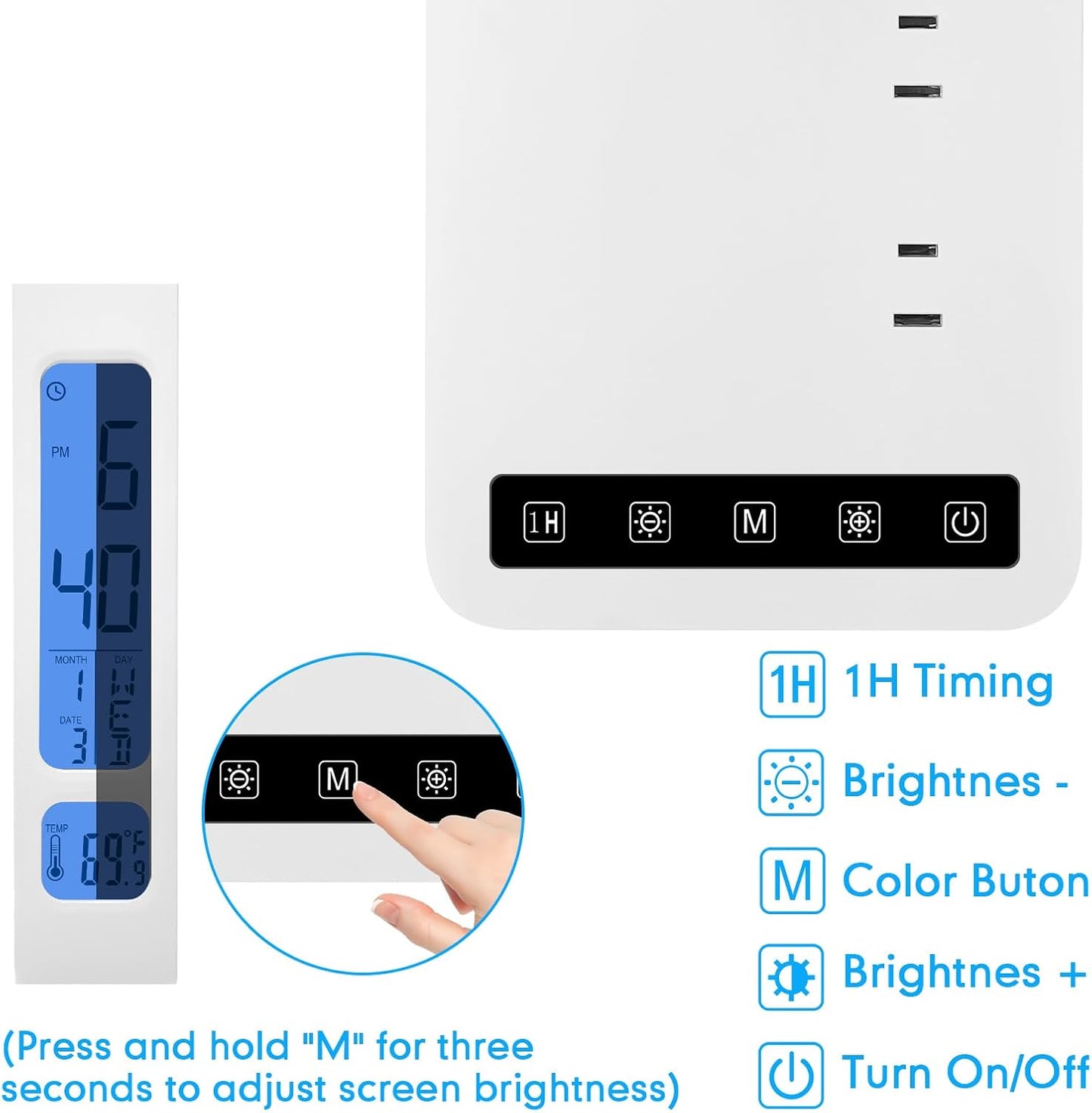 Smart Desk Lamp with Dual USB Charging (Type-C/USB-A) & 2 AC Outlets, Digital Clock, Temperature Display, 5 Color Modes, 5 Brightness, Adjustable - for Office, Bedroom, Dorm Room, Study