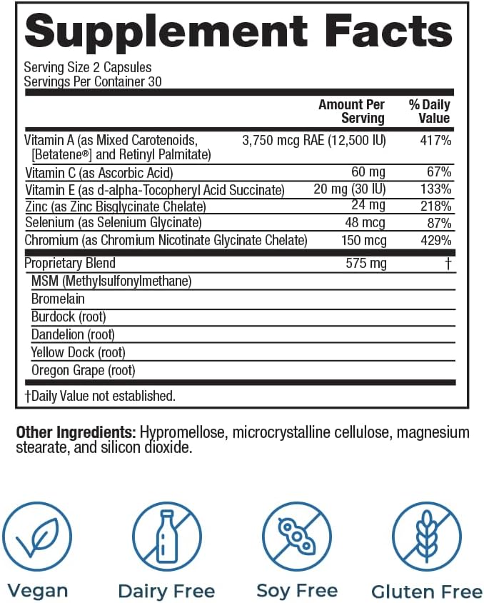 VitaMedica Clear Skin Vitamin Formula | Acne Supplement for Skin Clearing | Breakout Treatment for Women and Men | Vitamins A, C, E, Selenium, Chromium, and Zinc for Acne and Skin Health | 60 Count