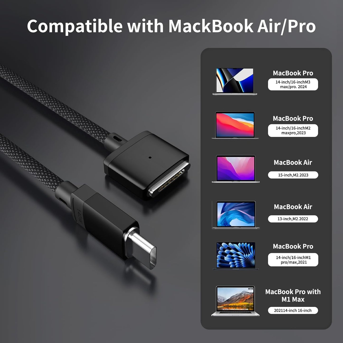 USB-C to Magnetic 3 Cable 140W, Safe Charging Cable Compatible with MacBook Pro 2021 M1 Pro & Max 14" 16", MacBook Air 2022 M2, Pro 2023 M2 Pro & Max 14" 16" - 6.6ft, Black