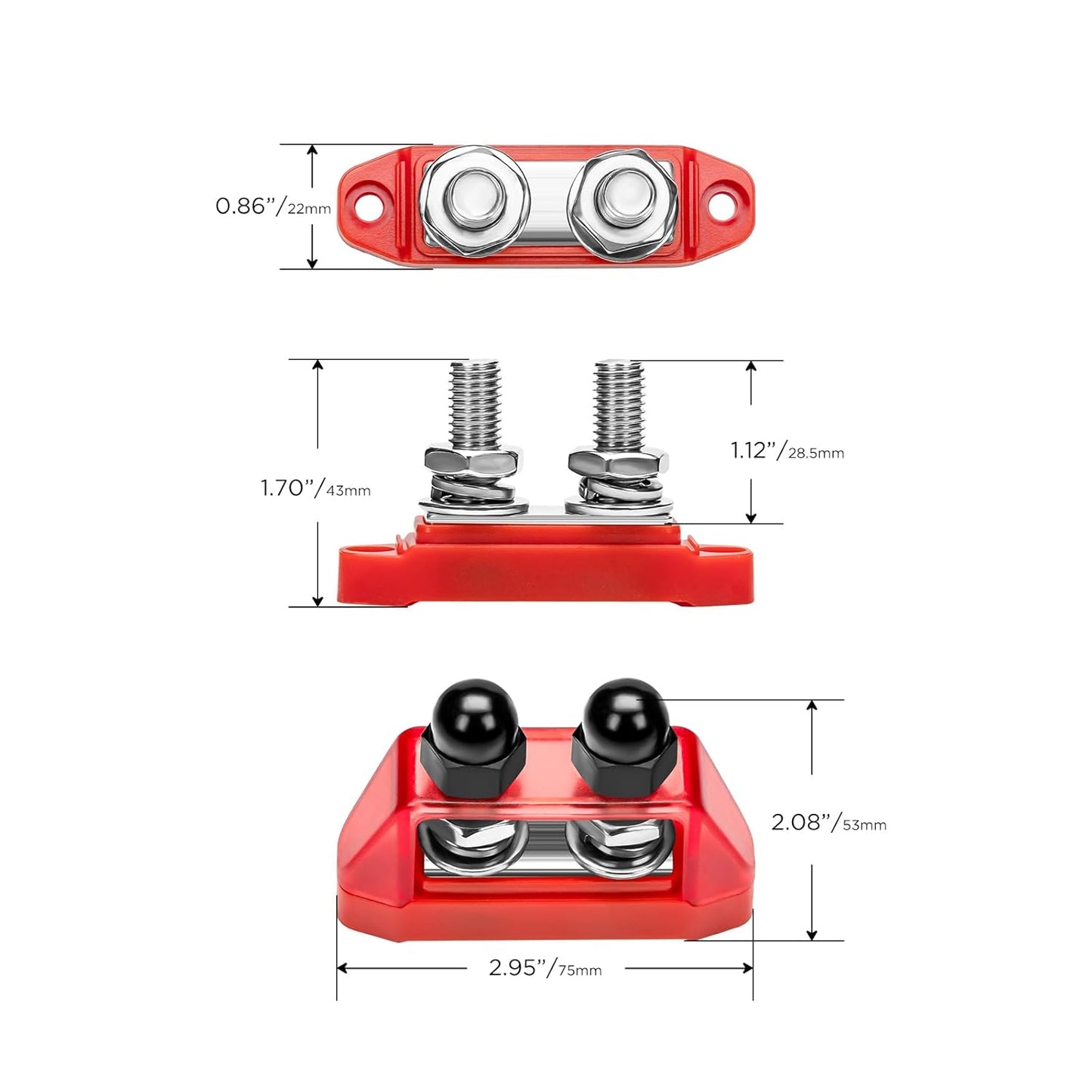 Recoil S2P-38 Bus Bar 250A Power Distribution Block Busbar Dual 3/8” Studs Terminal for Boat Automotive Solar System