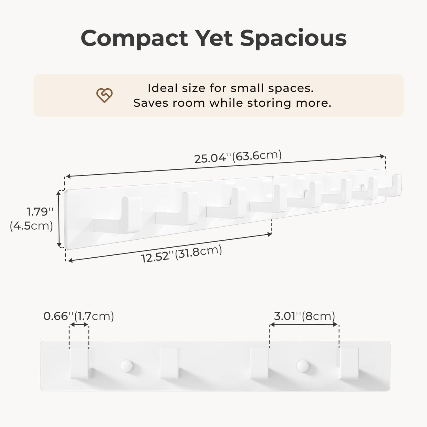 White Wall Mounted Coat Rack - 2 Modular Rails (25'' Total), 8 Right-Angle Hooks, Modern Organizer for Entryway, Bathroom, Bedroom, Holds Coats, Towels, Hats