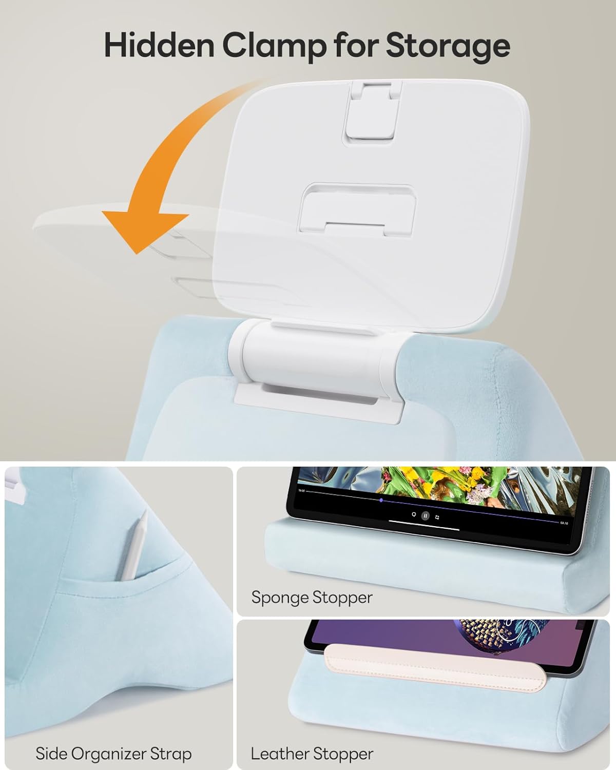 SAIJI Tablet Kindle Stand Pillow - iPad Holder for Lap Reading in Bed, with Lifter & Angle Adjustable Multi-Function Clip for 4-13" Tablets, iPad, Kindle, Phone, Blue