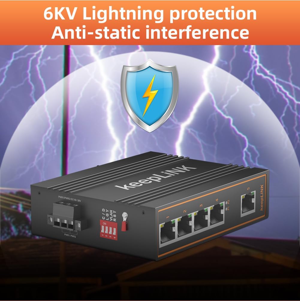 5 Port Gigabit Industrial PoE Switch Unmanaged, 125W Ethernet Din Rail Switch, IP40 Operating Temperature Range of -30° – 75°C (-22° – 167°F)