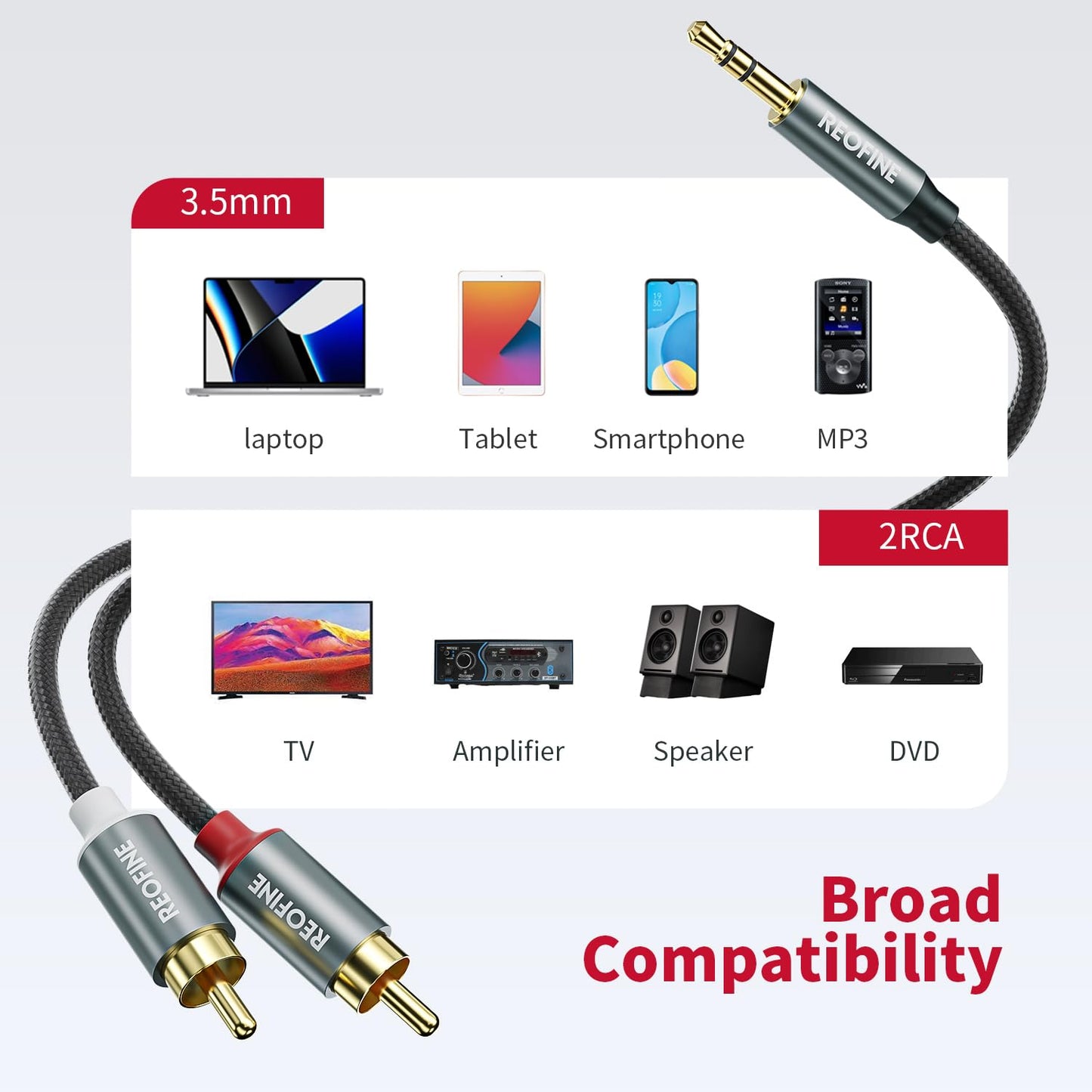 3.5mm to RCA Cable (5Feet/1.5M),3.5 mm 1/8 to RCA 2-Male Headphone Jack Adapter HiFi Sound Splitter Auxiliary Cord for Smartphone,MP3 Players,Laptops,Tablet,Speaker