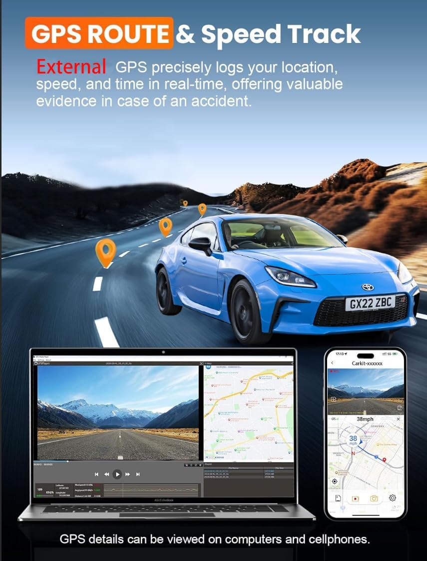 Mirror Dual Dash Camera,4K and 1080P Dash Cam with Voice Control Rear View Mirror Camera and WiFi,GPS Dashcam for Cars with WDR Night Vision, G-Sensor, 24 Parking Monitor ABS (Include 64FGB Card)