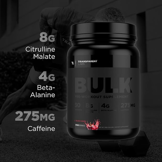 Transparent Labs Bulk Black Pre Workout - Clinically Dosed, Naturally Sweetened Preworkout for Men and Women with Beta Alanine Powder, Citrulline Malate, & Caffeine Powder- 30 Servings, Blue Raspberry