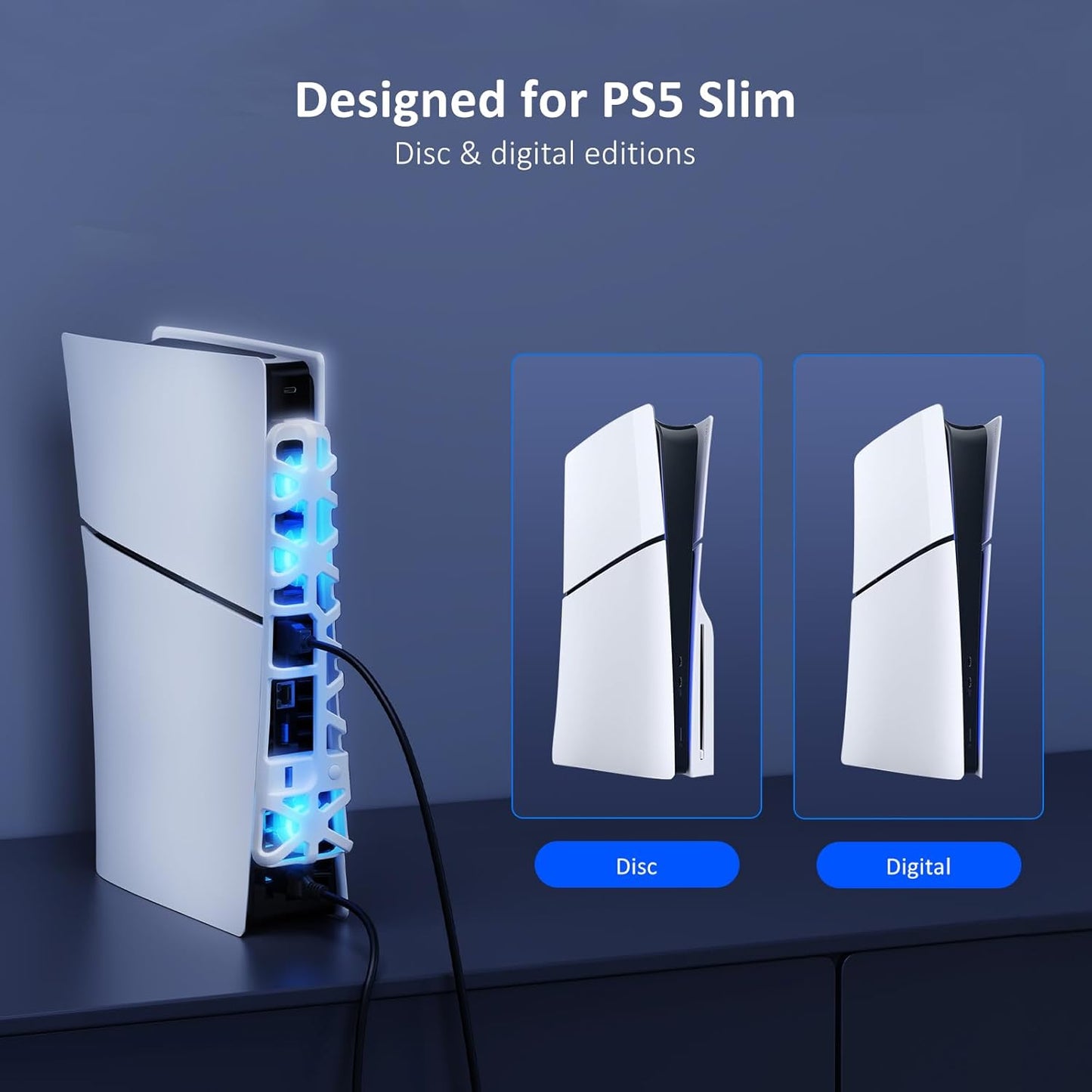 NexiGo PS5 Slim Silent Enhanced Cooling Fan with Adjustable Speed, Auto Power On/Off, with USB 3.0 Port, Efficient Cooling System for Both PS5 Slim Disc and Digital Editions (White)