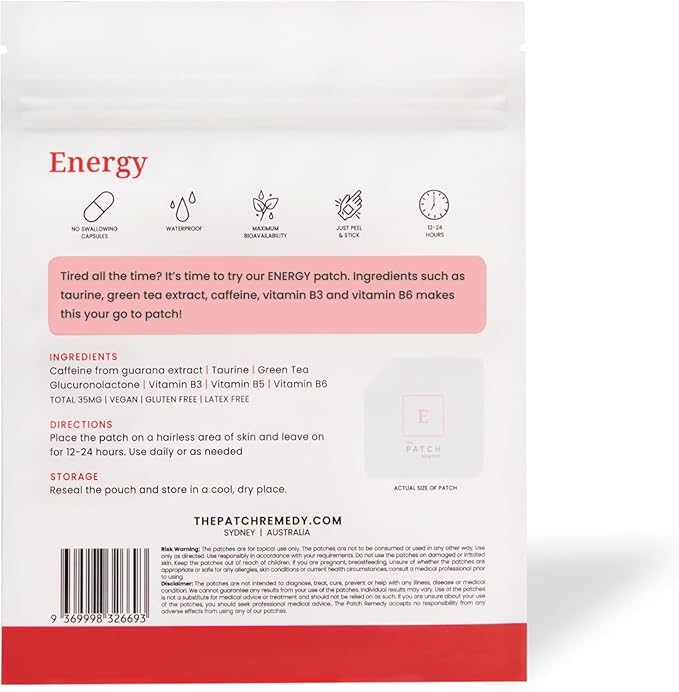 The Patch Remedy Energy Patches - 30 Topical Patches with Caffeine from Guarana Extract, Taurine, Glucuronolactone, Green Tea, Vitamin B3, B5, B6, Transdermal Caffeine Patches Energy