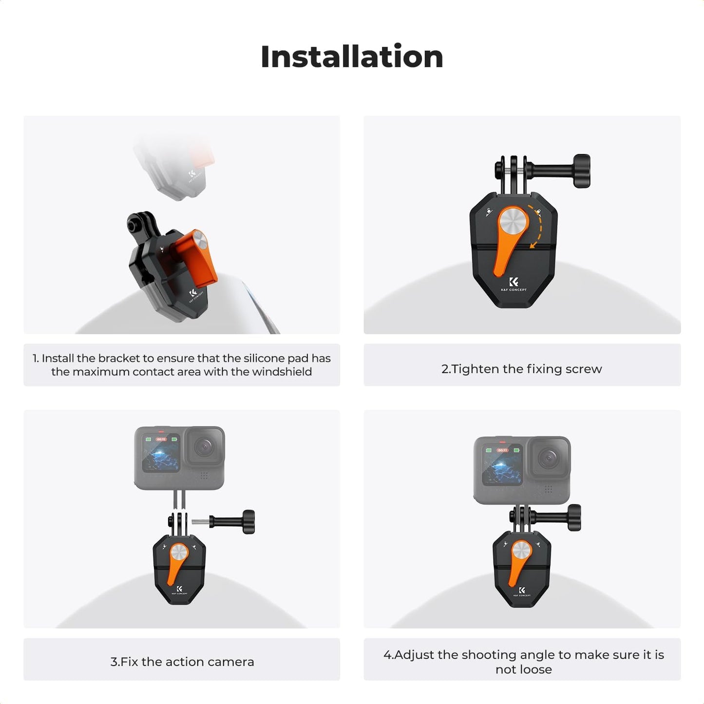 K&F Concept Motorcycle Windshield Clip Mount for GoPro Hero 13/12/11/10/9 Black, Aluminum Alloy Camera Clamp with 1/4” Adapter for DJI Osmo Action 3/4/5 Pro Insta360 X5/X4, Action Camera Accessories