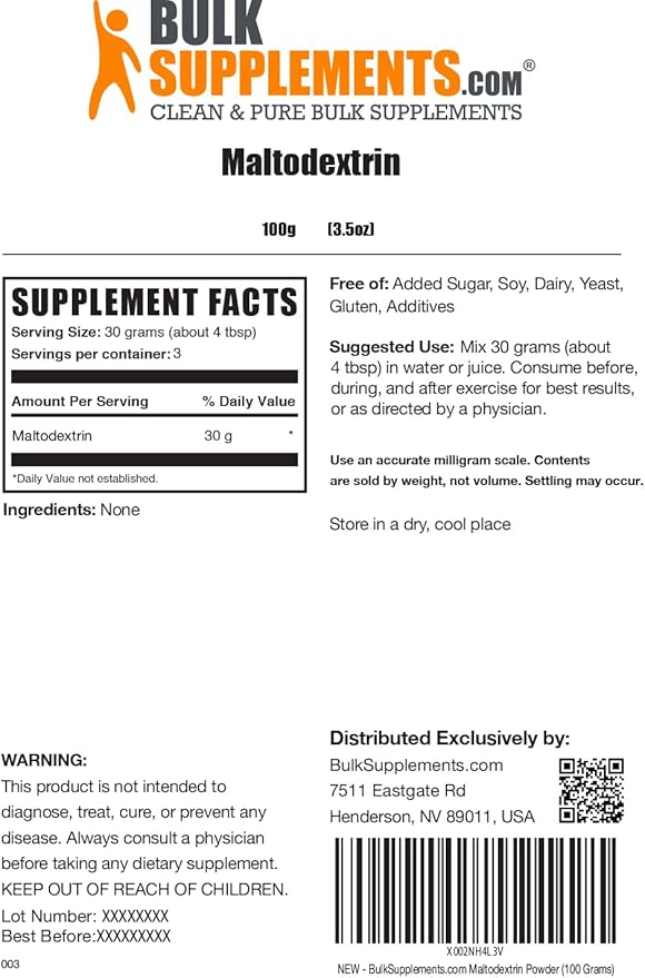 BulkSupplements.com Maltodextrin Powder - Maltodextrin Supplement for Energy Boost, Maltodextrin Food Grade - Unflavored & Gluten Free, 30g per Serving, 100g (3.5 oz) (Pack of 1)