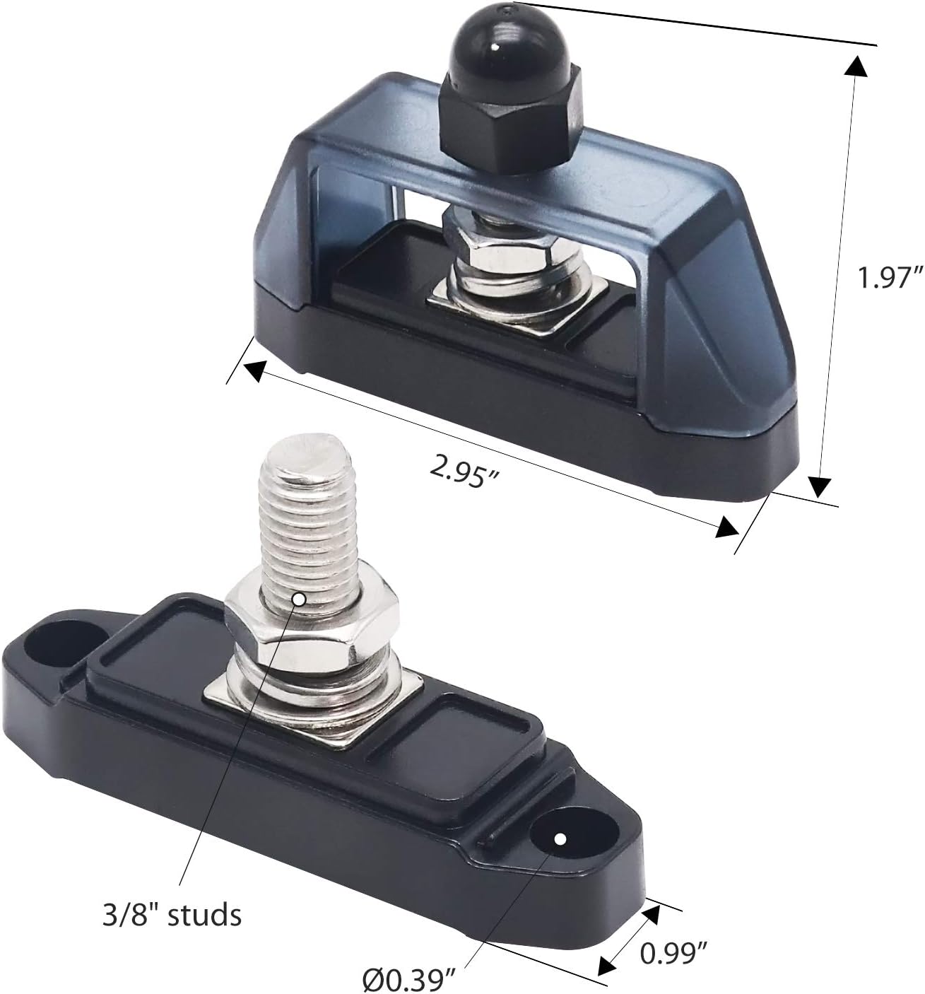 RECOIL S1P-38 Busbar Single 3/8” Studs Power Distribution Block with Ring Terminals Bus Bar Pair Red & Black