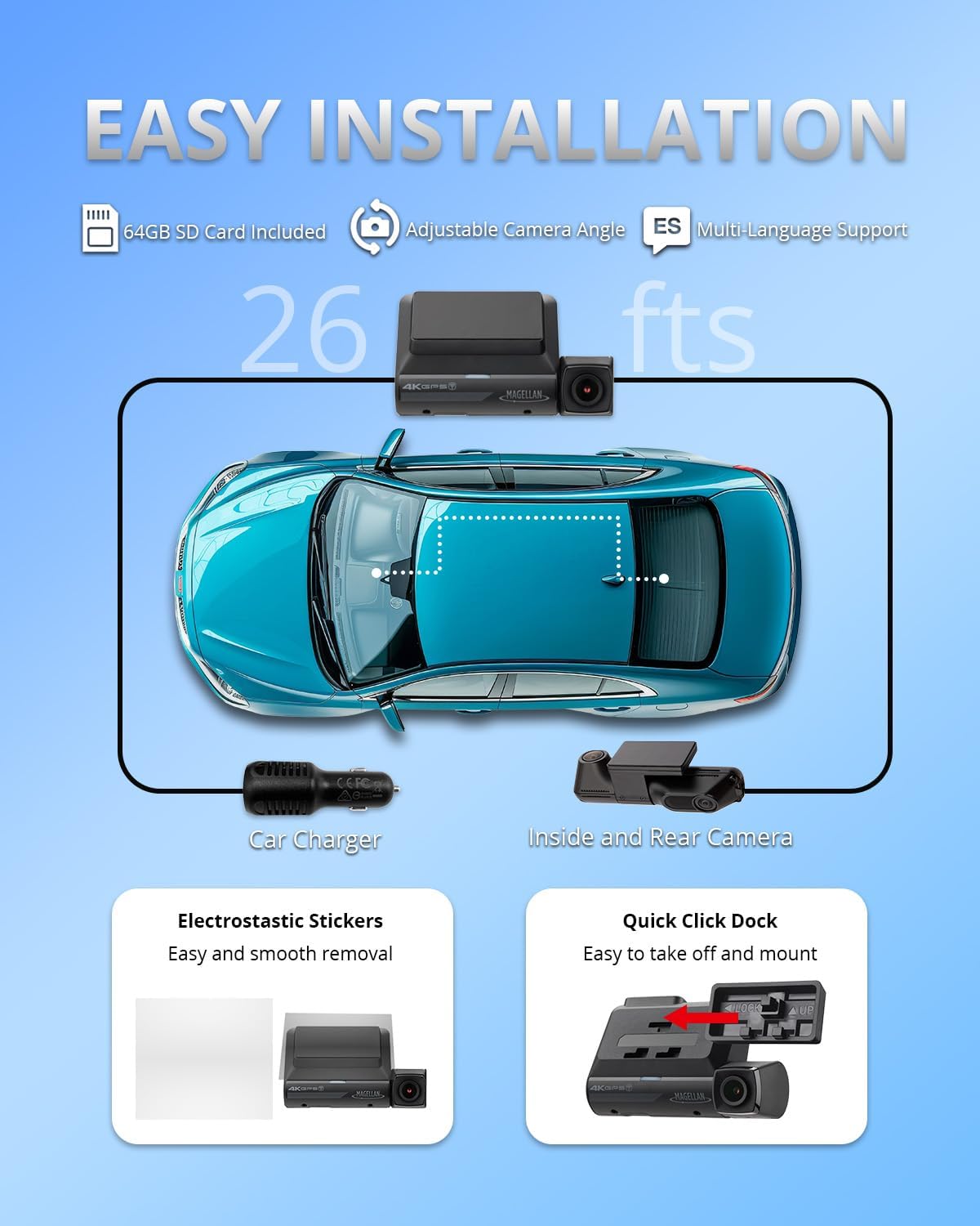 MAGELLAN 3 Channel 4K Dash Cam for Cars, 4K Front + 2K Wide Angle(170°) + 2K Rear, Fatigue Alert, Ultra-Precise GPS, STARVIS 2 IMX678, Wi-Fi, App Control, Parking Mode, 64GB Card Included (DR50)