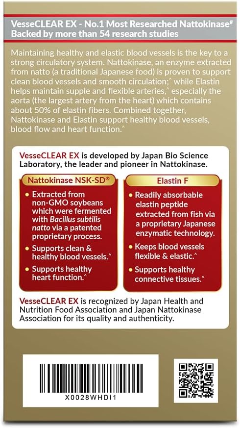 LABO Nutrition VesseCLEAR EX: Nattokinase NSK-SD+Elastin F for Clean & Flexible Blood Vessel. Japan's Most Research Proven, Functional Dose, Acid-Resistant/Delayed Release Capsules