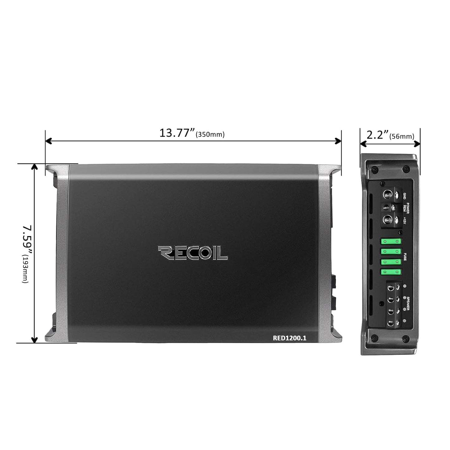 Recoil RED1200-1 2500 Watts Class-D Strappable Car Audio Mono-Block Subwoofer Amplifier, 1 Ohm Stable, Remote Bass Knob Included