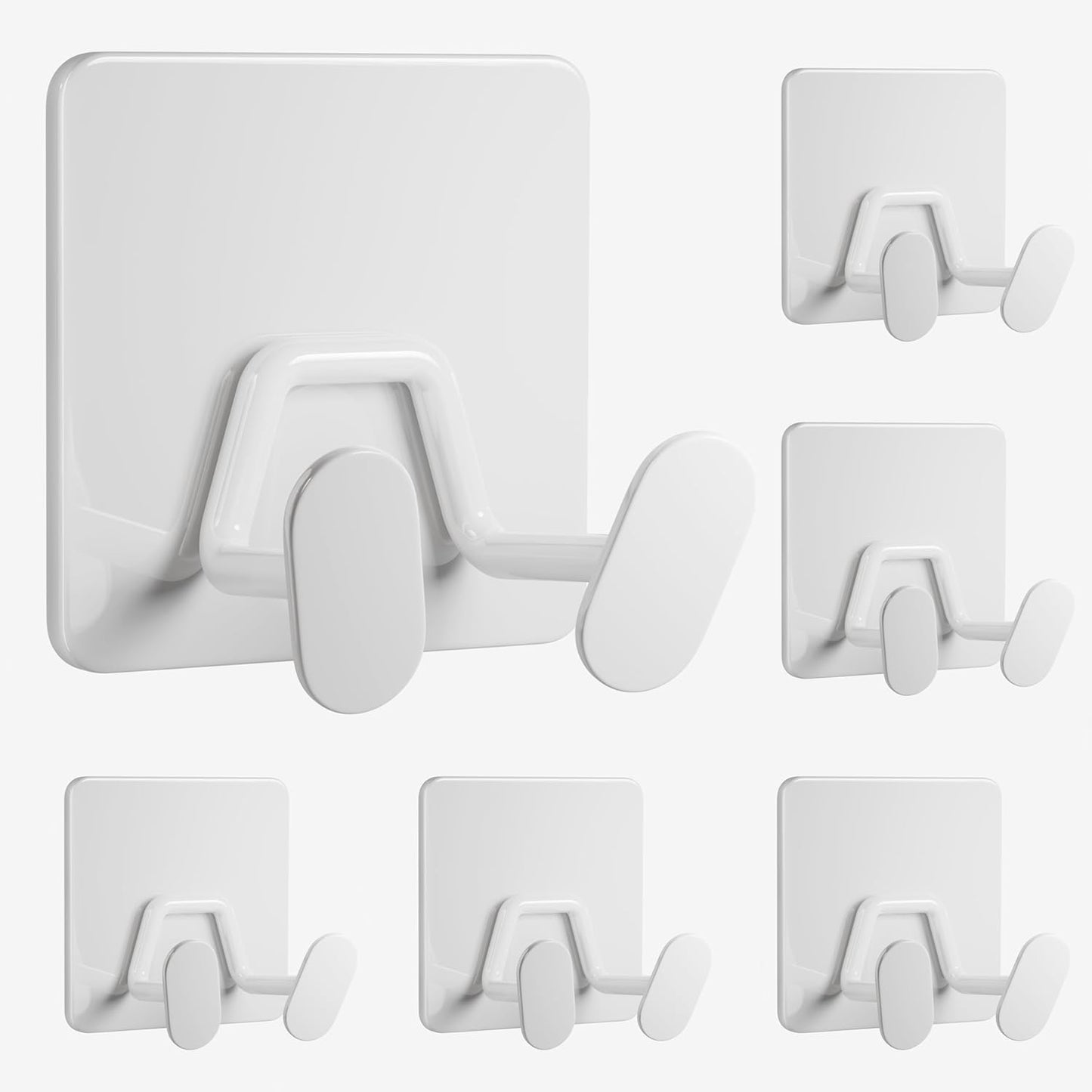 Adhesive Shower Hooks for Bathroom - Extra Sticky Stainless, Wall Hooks for Hanging Towel, Razor, Loofah, Robe, Coat, Heavy Duty Hanger for Kitchen, Bedroom, Door, Metal, Matt White, 6 Pack