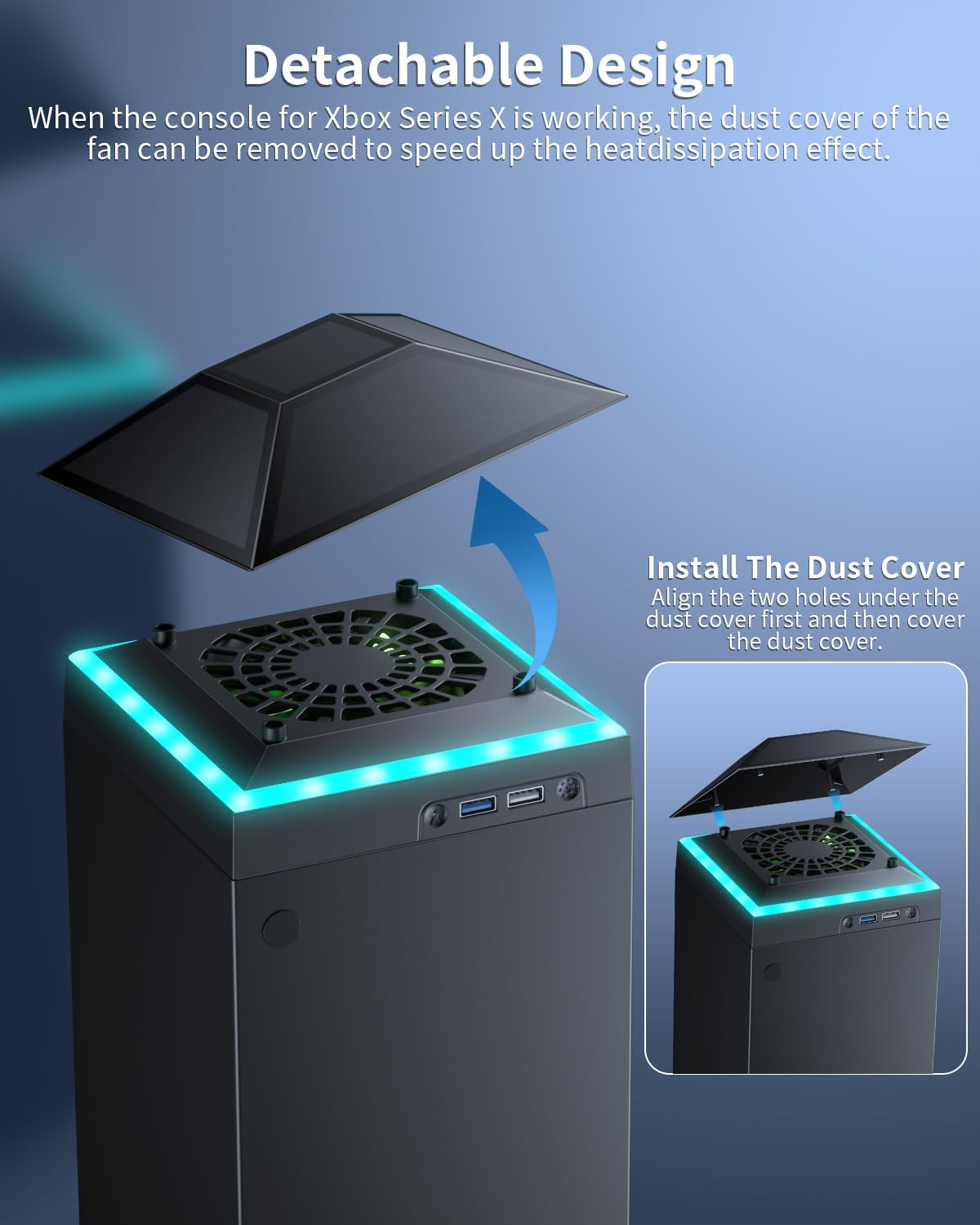 MENEEA Cooling Fan Dust Proof for Xbox Series X Console with Colorful Light Strip,Dust Cover Filter,Rubber Dust Plugs,Low Noise Top Fan with 3 Gears,Cooler&Light Independent Touch Switch, 2 USB Port