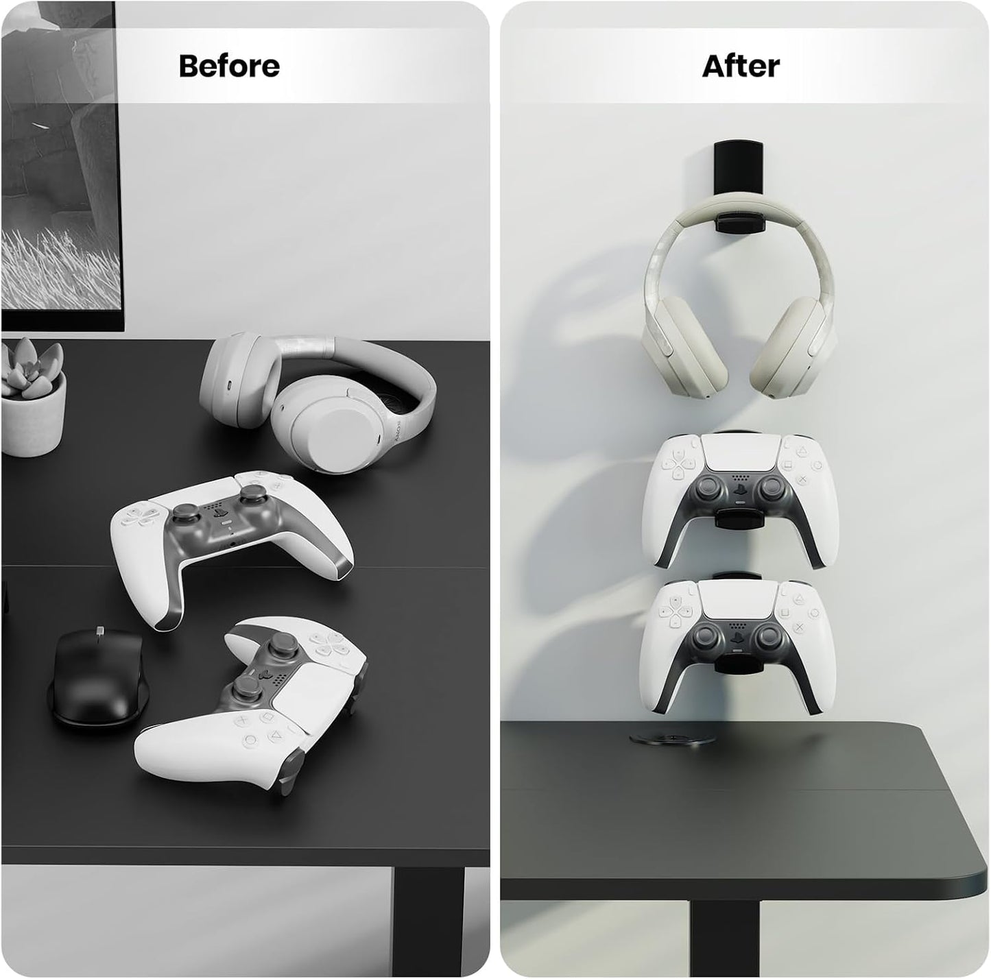 Sticky Headphone Stand Controller Holder - EURPMASK Upgraded Adhesive Gaming Headset Hook, Headphone Holder for Desk with Soft Rubber Pads, Universal PC Gaming Accessory Controller Headset Stand,Black