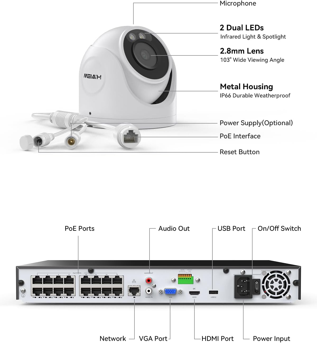 H.VIEW 4K 16 Channel Security Camera System 16Pcs CCTV Camera kit PoE 8MP Indoor Outdoor Dome Wired Surveillance Video with Audio,16CH 4K H.265 NVR with 4TB HDD, CCTV Surveillance for Businesses