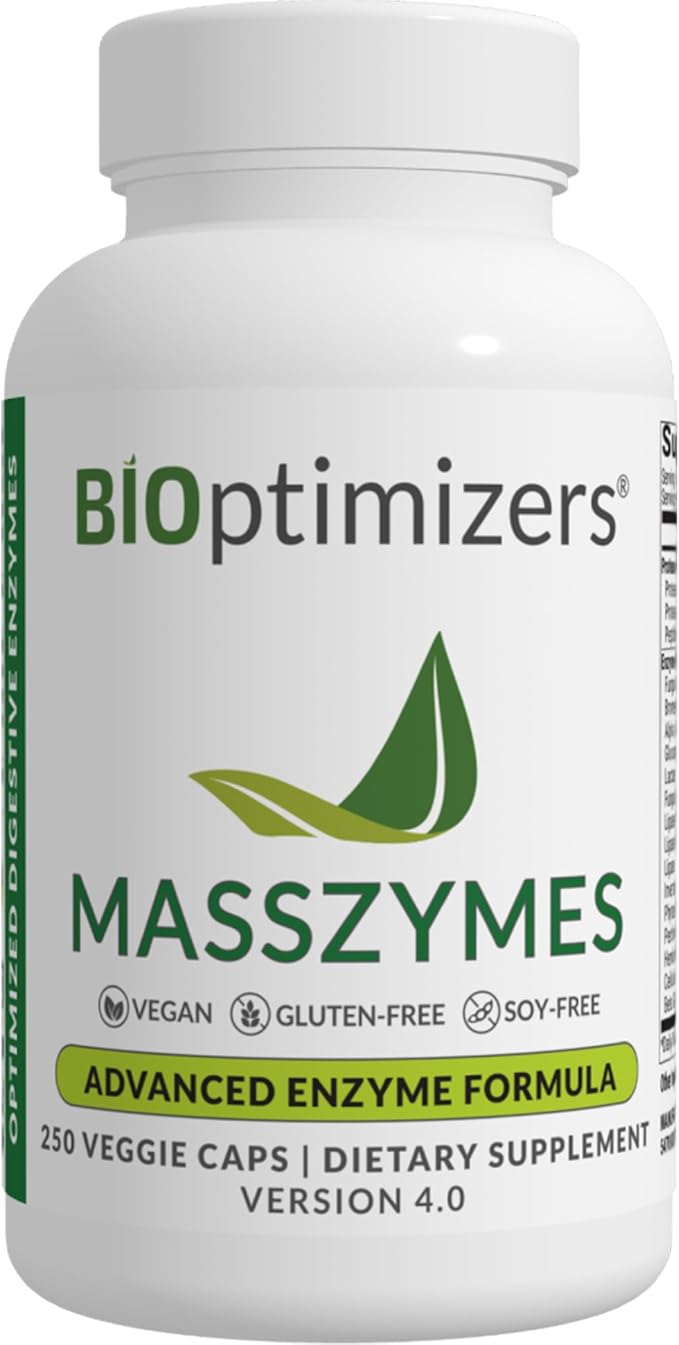 BiOptimizers MassZymes - Complete Digestive Enzymes Supplement for Gut Health - Bloating Relief for Men and Women - Lipase Amylase Bromelain Digestive Enzymes (250 Capsules)