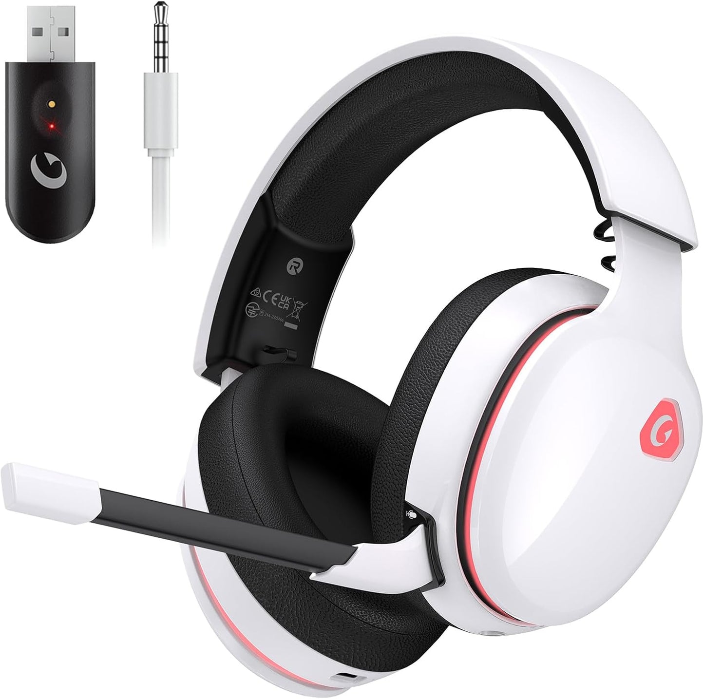 2.4GHz Wireless Gaming Headset for PS5, PS4 Fortnite & Call of Duty/FPS Gamers, PC, Nintendo Switch, Bluetooth 5.3 Gaming Headphones with Microphone for Mobile, Stereo Sound (Whitered)