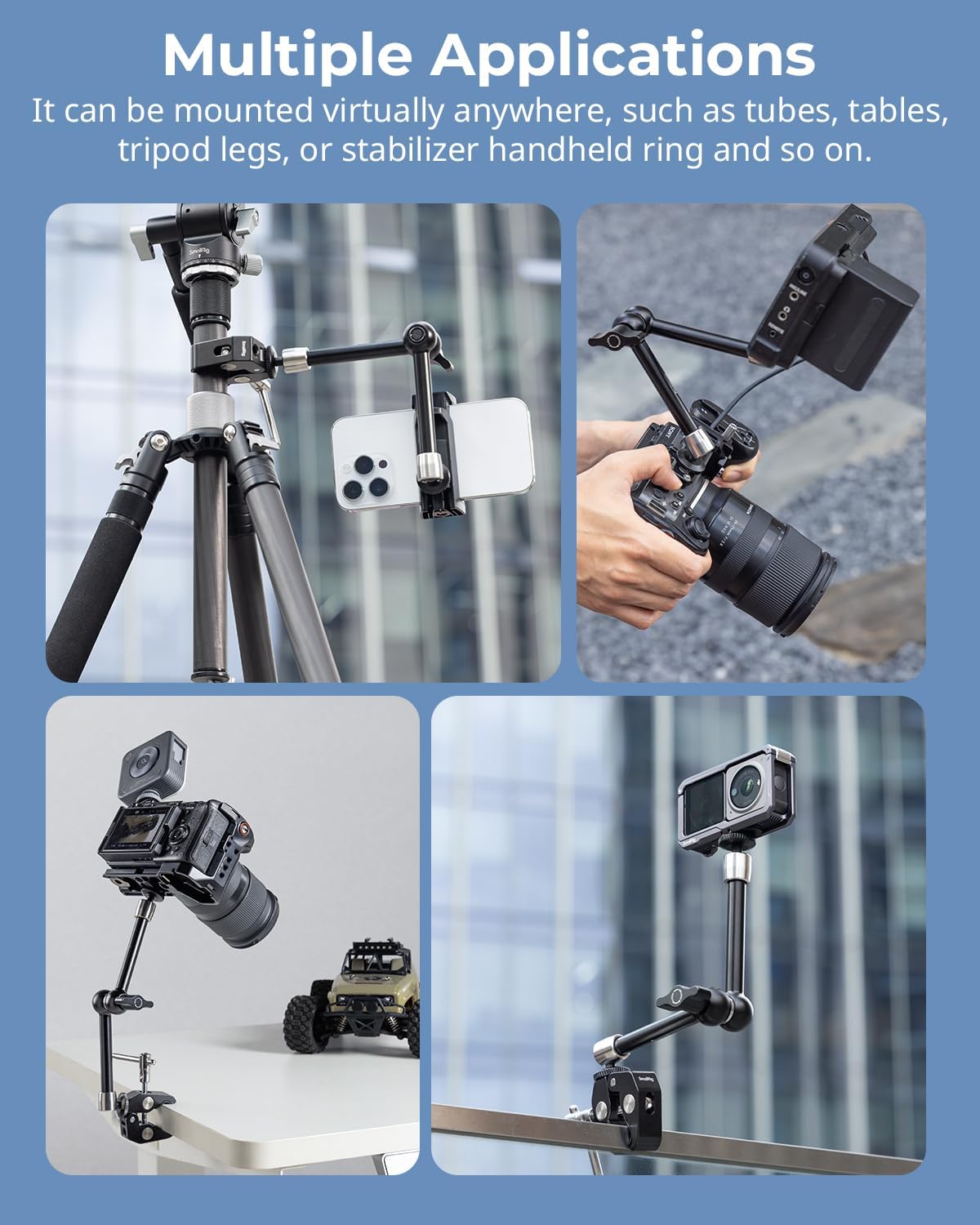 SMALLRIG Clamp w/ 1/4" and 3/8" Thread Holes, 9.8 Inches Adjustable Friction Power Articulating Magic Arm with Phone Holder for Action Cameras, Smartphones, LCD Monitor/LED Lights - 5326