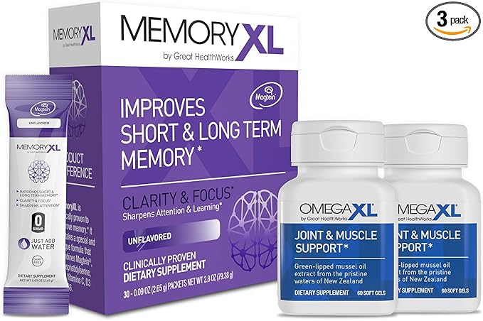 OmegaXL Joint Support Supplement for Relief - Natural Muscle Support, Green Lipped Mussel Oil, 60 Count (2 Pack). MemoryXL, Magnesium L-Threonate Brain Supplement - Memory & Focus Unflavored 30 Pack