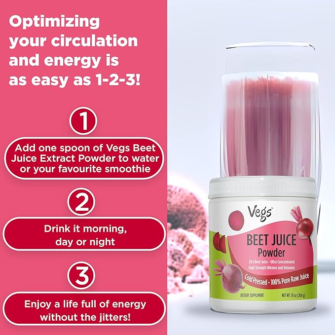 Beet Juice Powder, 20:1 Ultra Concentrated Nitrates, Betanines - Freeze Dried & Cold Pressed Organic Beet Root Juice - Boost Nitric Oxide, Healthy Circulation, Energy - Non-GMO Beet Powder, 10 oz