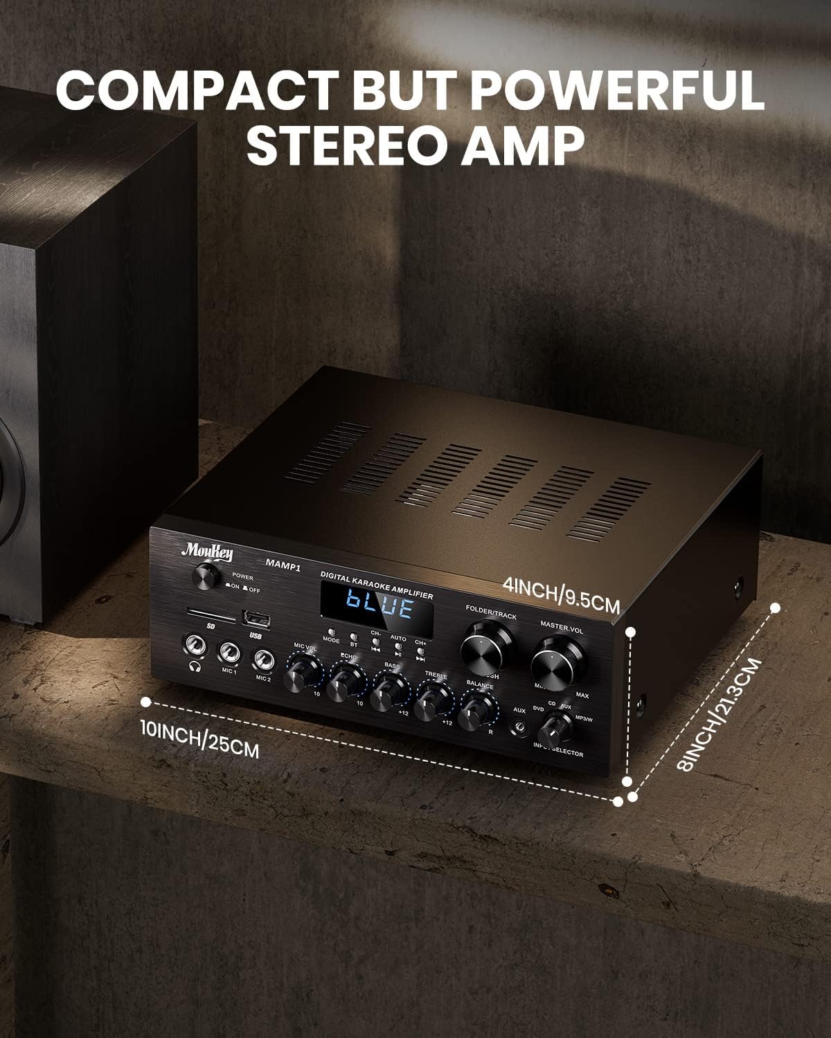 Moukey Stereo Receivers with Bluetooth 5.0, 400W 2.0 Channel Power Audio Amplifier Stereo System w/USB, SD, AUX, RCA, MIC in w/Echo, LED for Karaoke, Home Theater Speakers - MAMP1