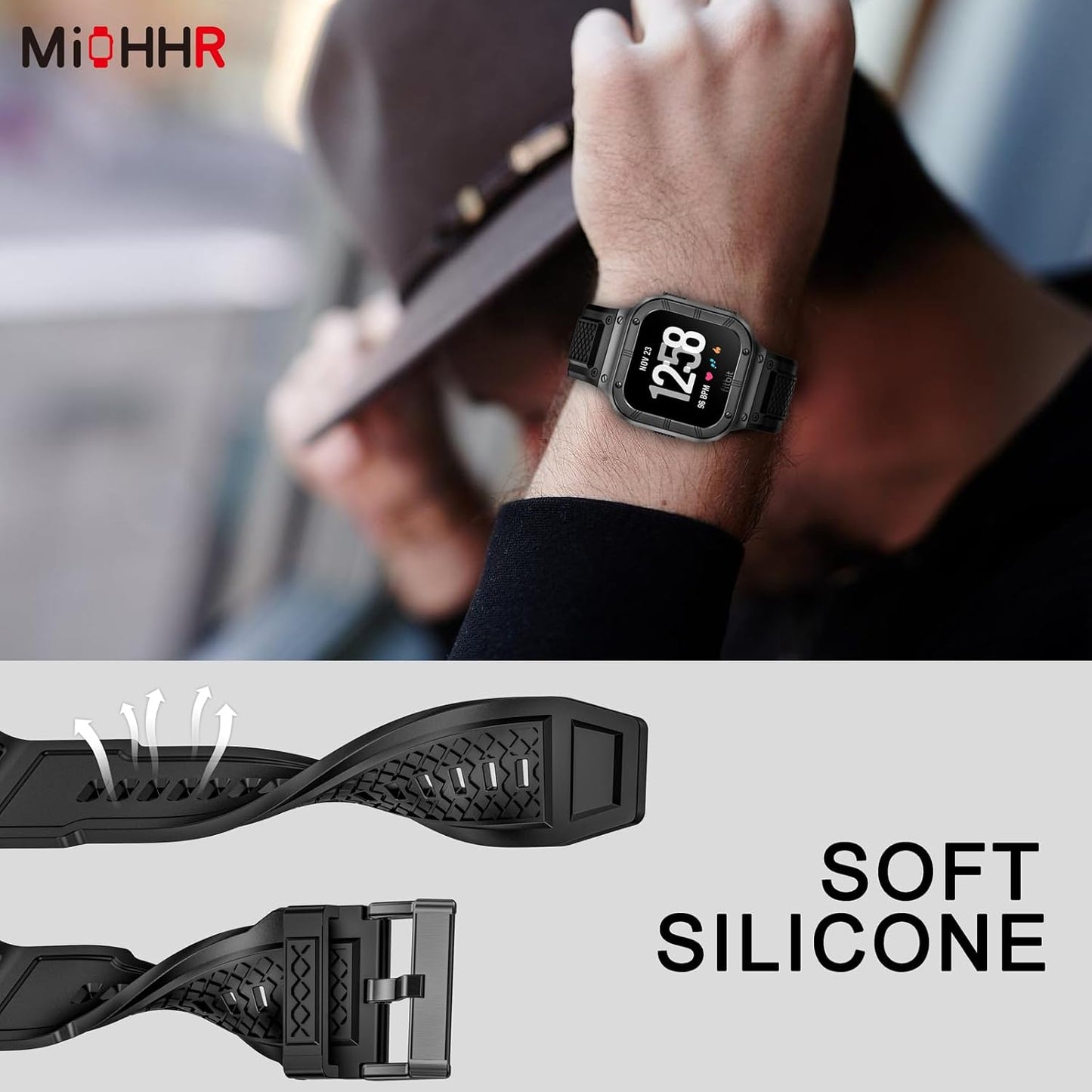 MioHHR Stainless Steel Case and Band Compatible with Fitbit Versa 4/3/2/Lite/Sense/Sense 2 Bands with Metal Case, Rugged Sports Protector Cover Silicone Wristbands for Men, Grey