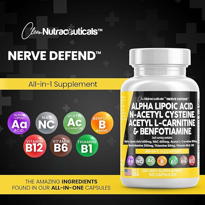 Alpha Lipoic Acid 600mg N-Acetyl Cysteine 600mg Acetyl L-Carnitine 500mg Benfotiamine 300mg - Nerve Support Supplement for Women and Men with Vitamin B1, B6 & B12 - Made in USA 90 Caps