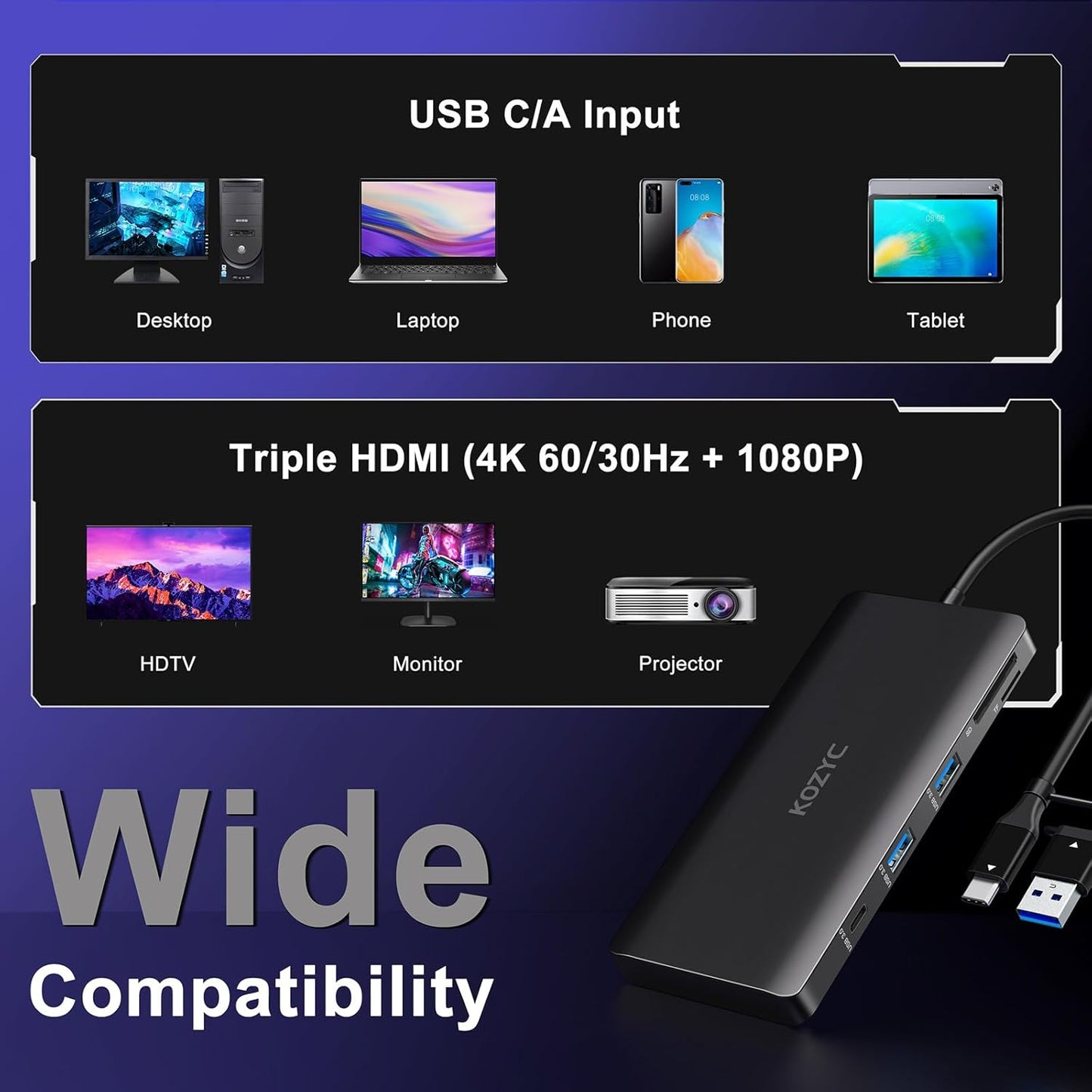USB C Docking Station 3 Monitors Compatible with Mac/Windows, KOZYC Triple Display Docking Station with 3xHDMI(4k60Hz/30Hz+1080p), 3xUSB 3.0, SD/TF, 100W PD with HDMI Splitter Extend Display 3 Monitor