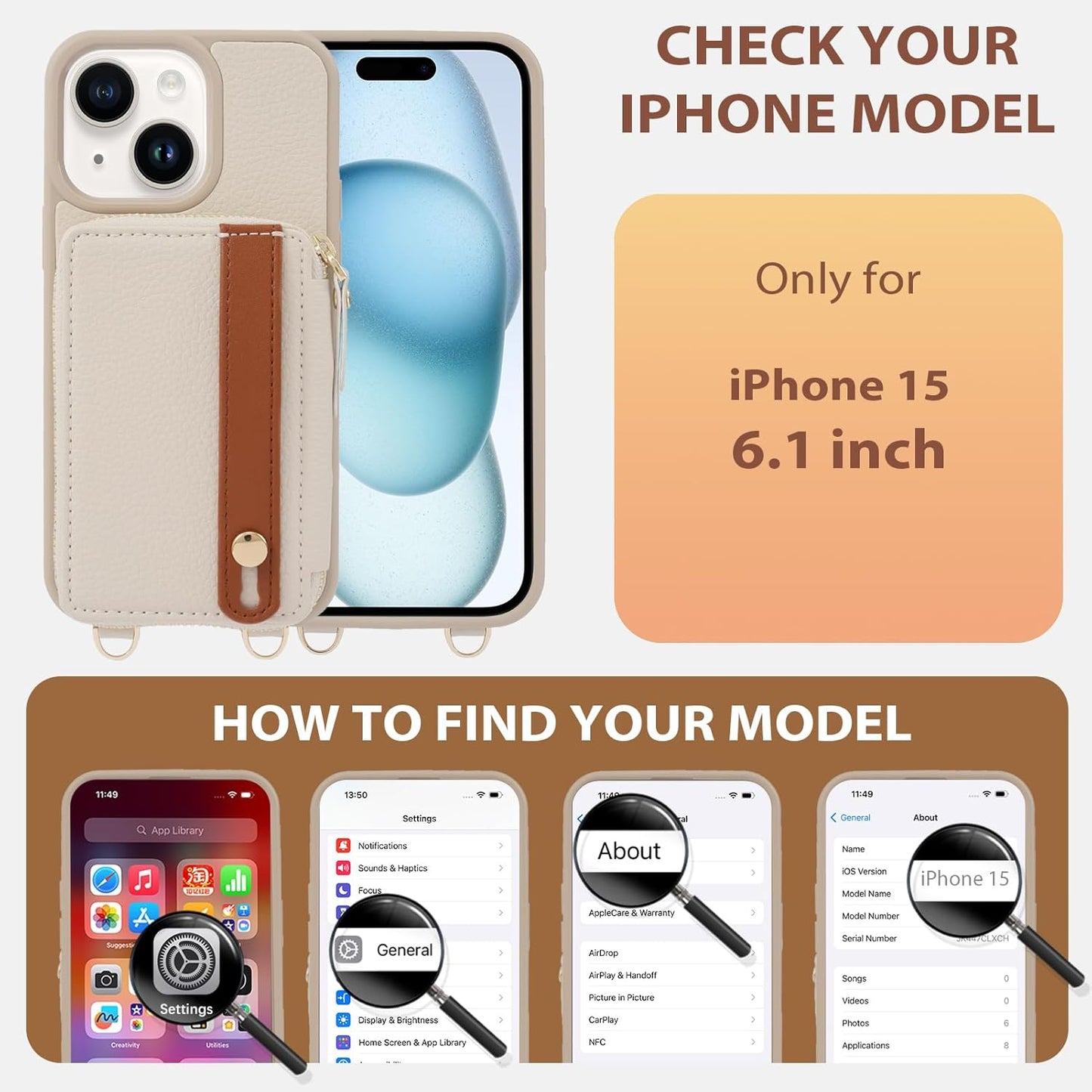 LAMEEKU for iPhone 15 Wallet Case with Credit Card Holder, Zipper Leather Crossbody Case with Phone Grip Holder Stand Wrist Strap Lanyard for Women for Apple iPhone 15 6.1 inch Beige