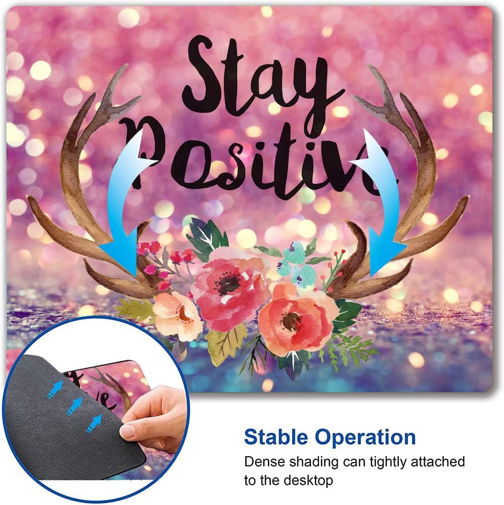 Inspirational Quote Mouse Pad - Purple Glitter, Square Waterproof, Non-Slip Rubber Base for Office Laptop, 9.5"x7.9"x0.12" Inch (Stay Positive)