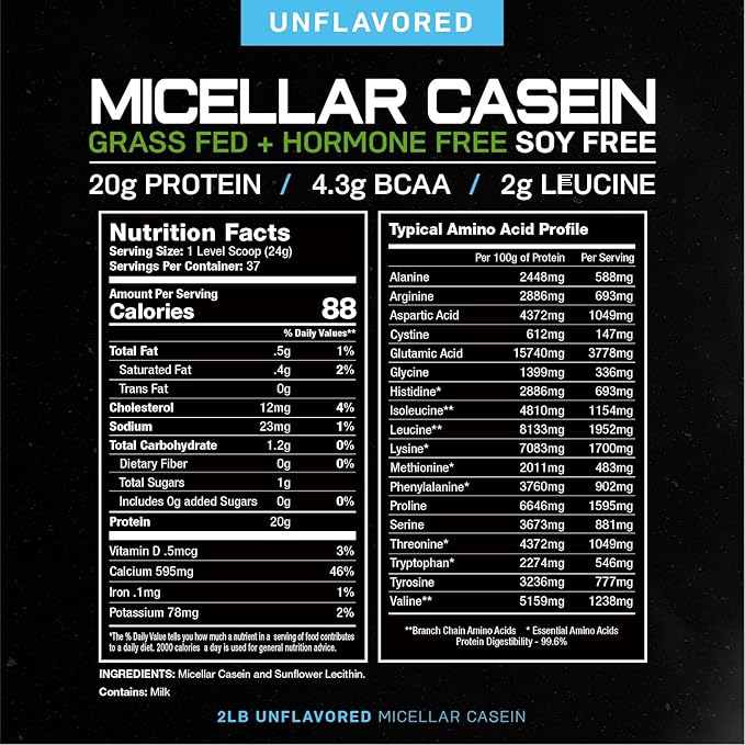 Muscle Feast Micellar Casein Protein, All Natural Pasture Raised Hormone Free Soy Free, Unflavored, 2lb