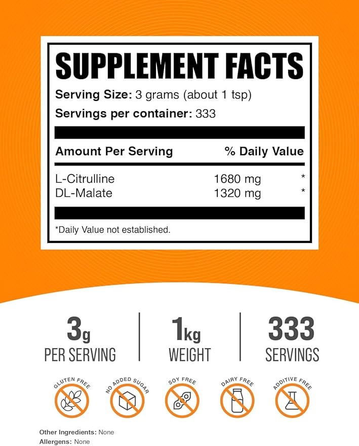 BulkSupplements.com L-Citrulline Malate 1:1 Powder - Citrulline Malate Powder, Citrulline Supplement - Unflavored & Gluten Free - 3g per Servings, 1kg (2.2 lbs) (Pack of 1)