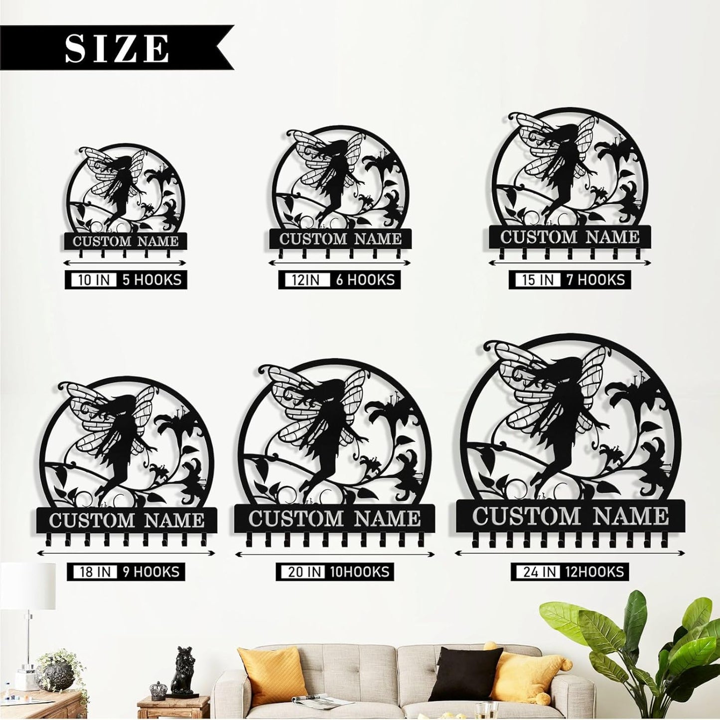 Personalized Fairy Key Holder Wall Mount, Custom Metal Key Rack Key Holder with Name, Deer Cabin Wall Keys Hanger with Hooks for Entryway, Front Door, Hallway, Kitchen, Living Room