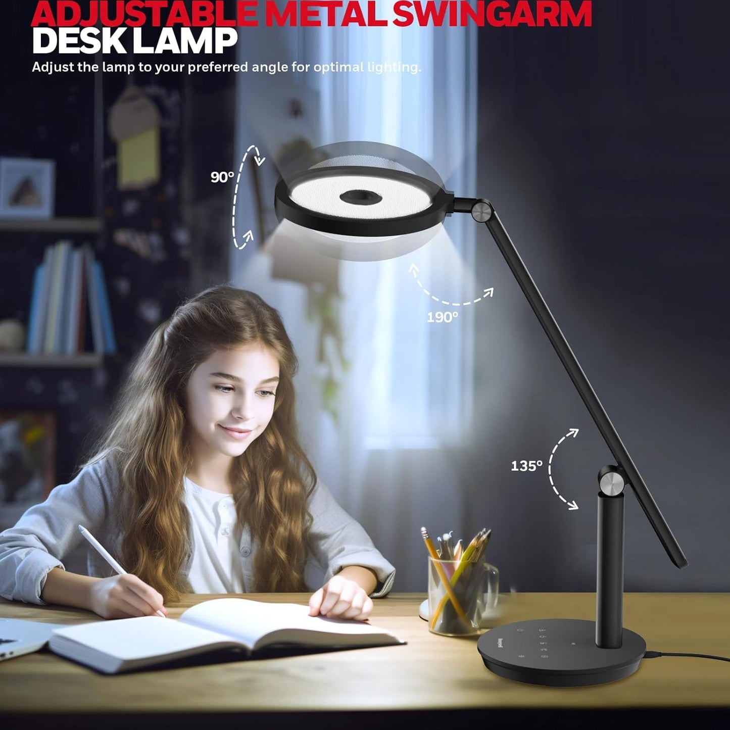 Honeywell Desk Lamp for Home Office, H6 Sunturalux™ Eye-Caring Led Desk Light, 800LM Dimmable Desk Lamp with Timer, Touch Control Tall Desk Reading Light, Table Lamp for Circle Webcam, Study, Bedroom