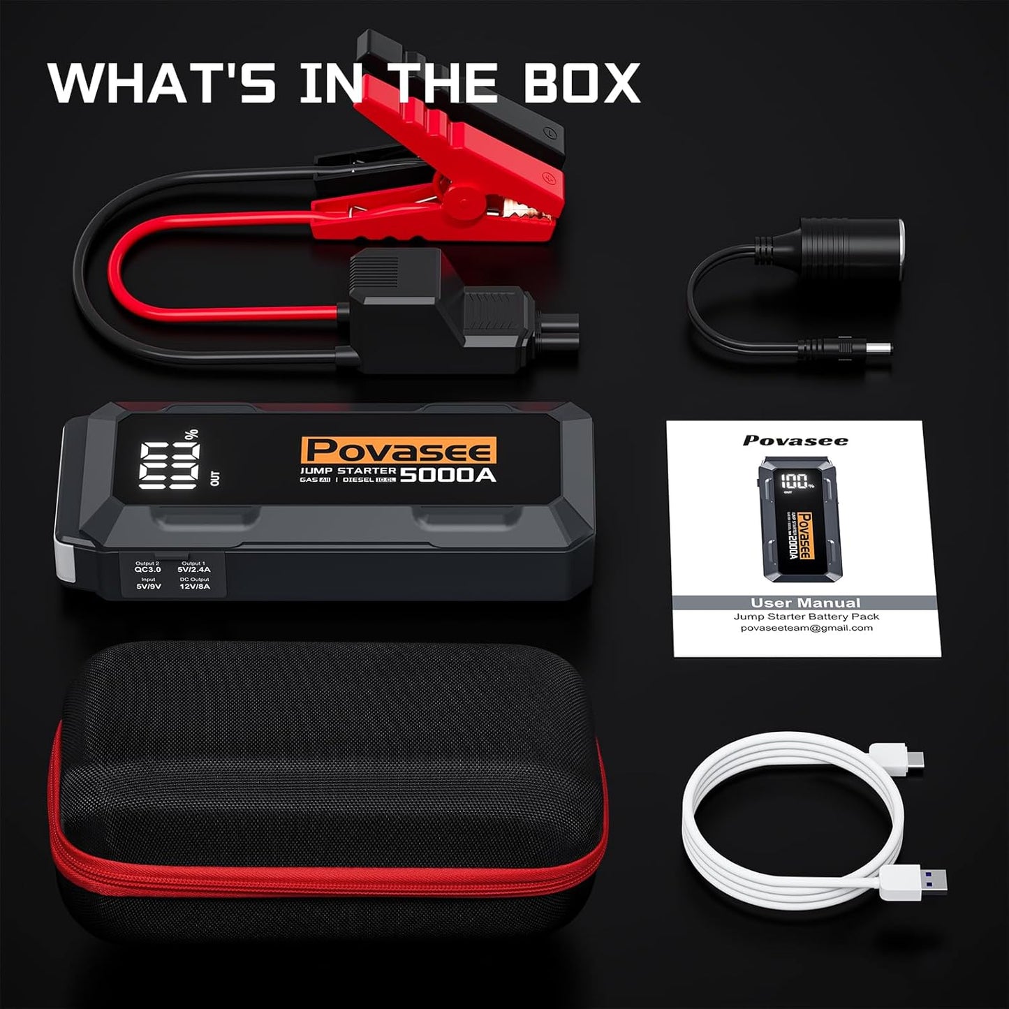 Povasee Car Battery Jump Starter 5000A Jump Box (All Gas/10L Diesel) Portable Car Jump Starter Battery Pack, 12V Jumper Starter Portable 3" LCD Display/Power Bank/Dual Output/LED Light DC