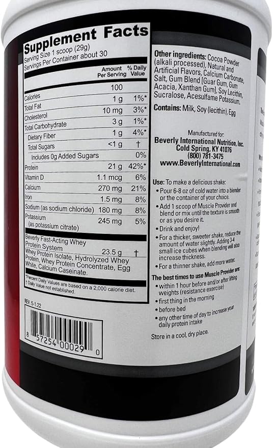 Beverly International Muscle Provider, 30 Servings, Chocolate. Super-Fast-Absorbing Whey Protein Powder for Recovery, Lean Muscle. Fills Your Muscles, not Your Stomach. Tastes Like ice Cream!