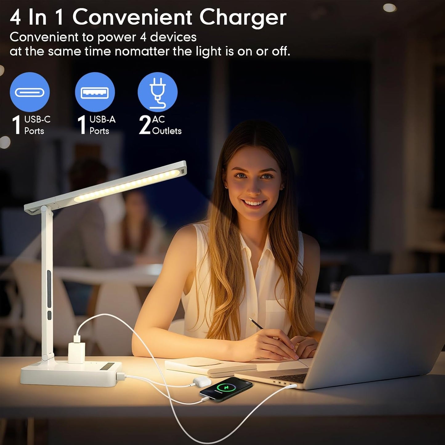 karidi Smart Desk Lamp with Digital Clock, 4-in-1 Charging Station (2 AC Outlets, Type-C, USB-A Ports), Temperature Display, 5 Color & Brightness Settings, Ideal for Offices & Bedrooms
