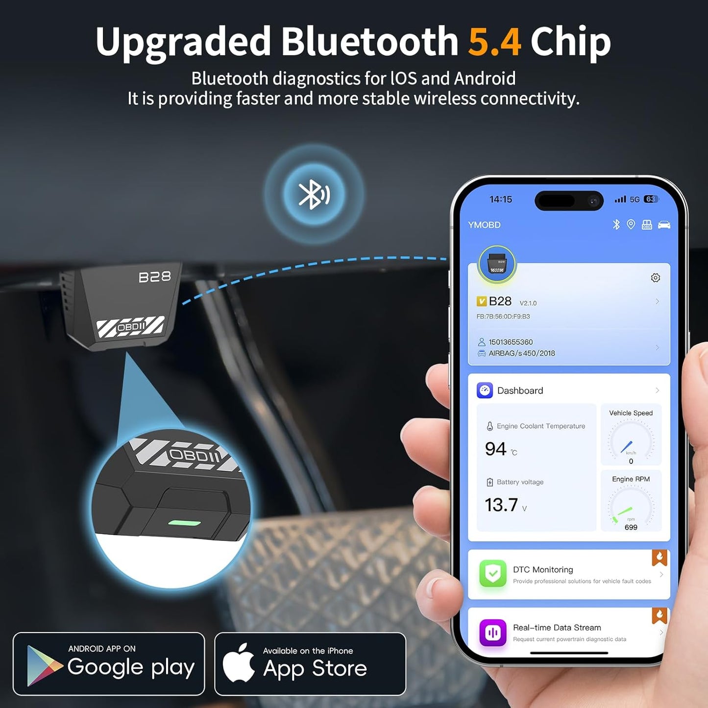 OBD2 Scanner for Car Bluetooth 5.4 - Codes can be Read and Cleared Quickly with Android and iOS Compatible - Diagnosis of The vehicle's Engine, ABS, SRS, airbags and More Than 35,000 Problems
