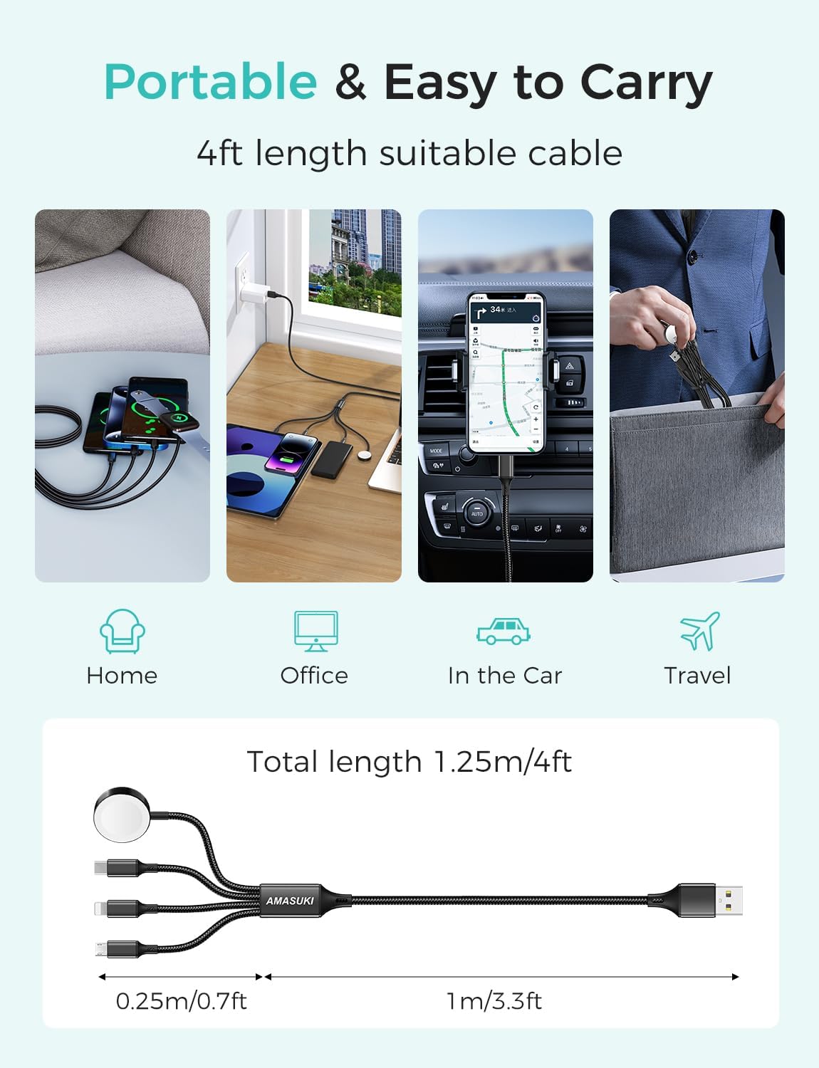 Travel Essentials Multi Charging Cable for Watch Charger 4 in 1 Fast Charger Camping Essentials USB C/L/Micro Compatible with Watch Series 10-1/SE/Ultra Phone 16 15/Galaxy Android-4FT/Black