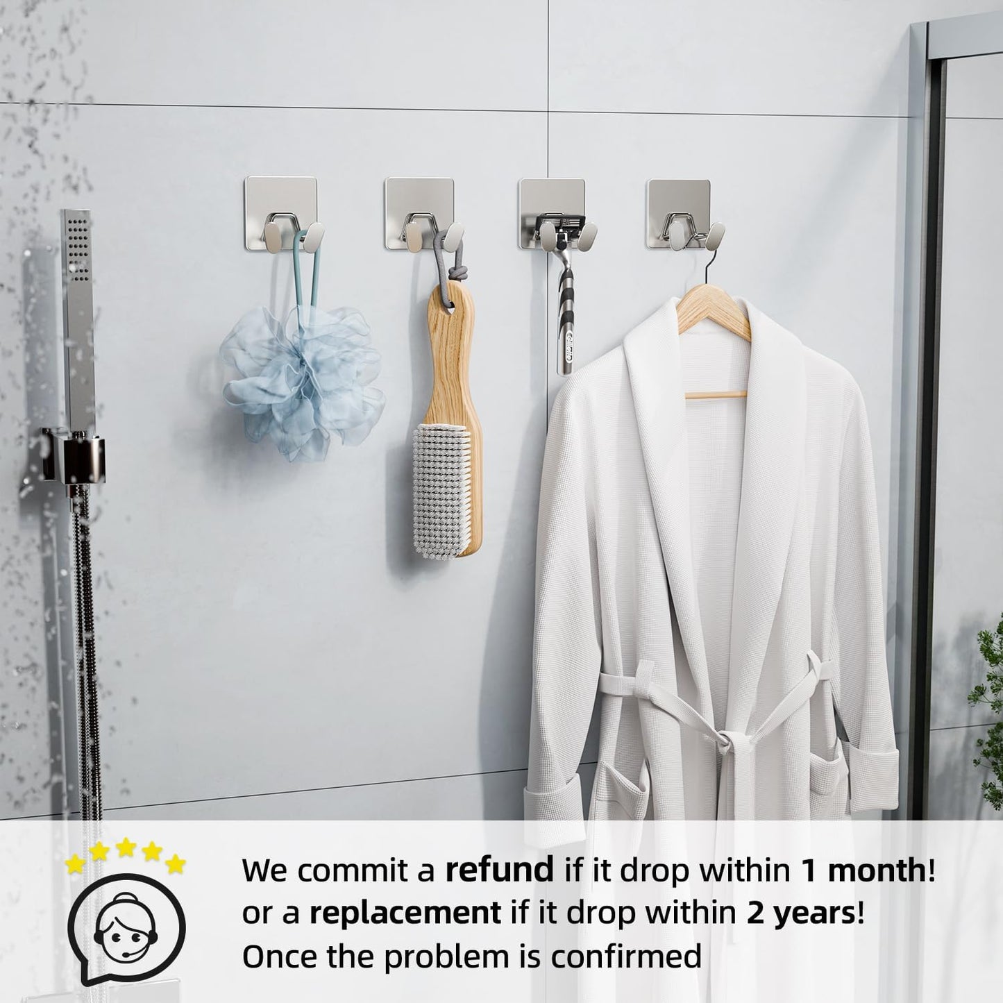 Shower Hooks for Inside Shower - Extra Sticky Stainless, Razor Holder Accessories, Wall Mounted Self-Adhesive Double Hooks for Razor, Loofah, Towel, Shaver, Coat, Key, Silver 6 Pack