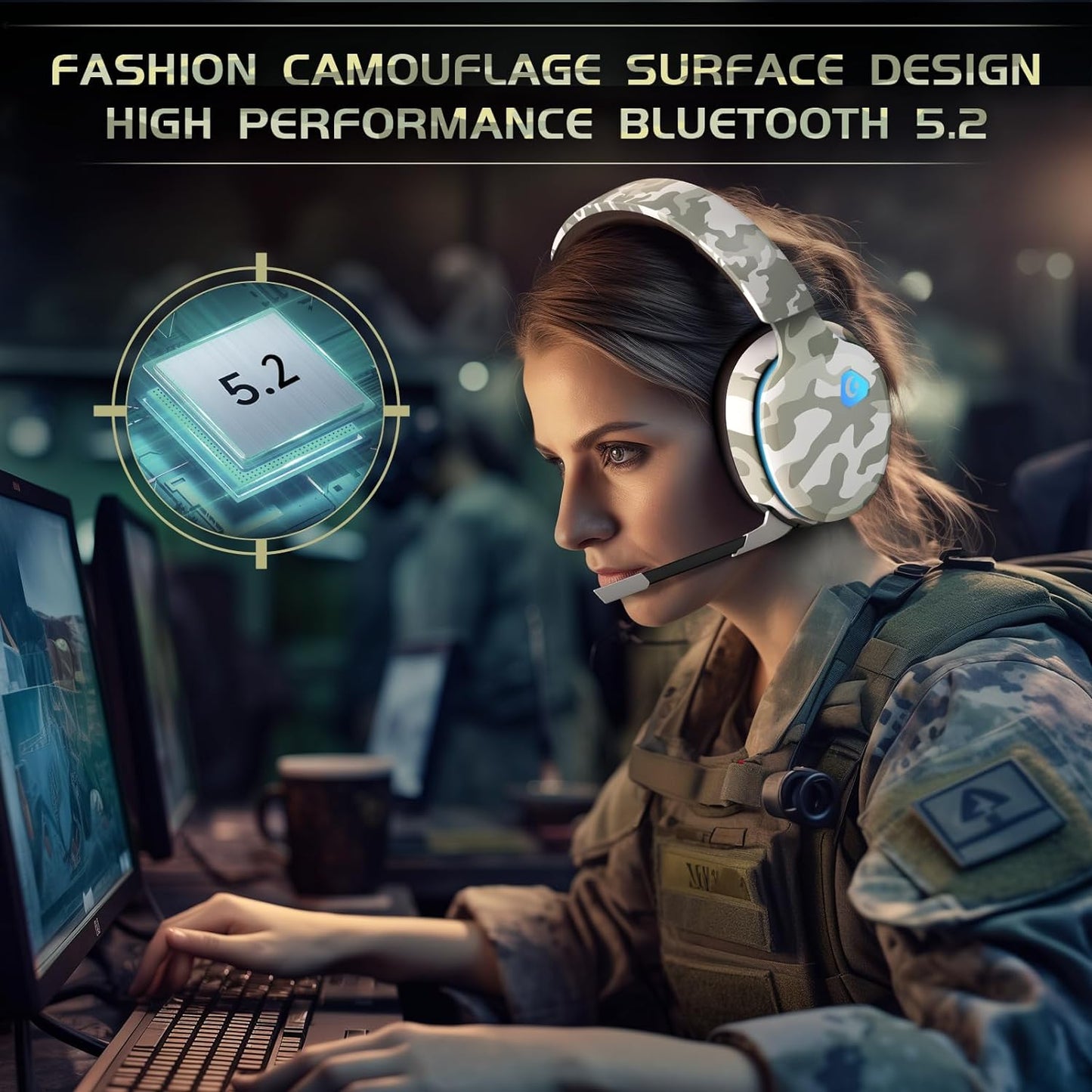 2.4GHz Wireless Gaming Headset for PS5, PS4 Fortnite & Call of Duty/FPS Gamers, PC, Nintendo Switch, Bluetooth 5.3 Gaming Headphones with Microphone for Computer, Mobile, Stereo Sound (Camo)