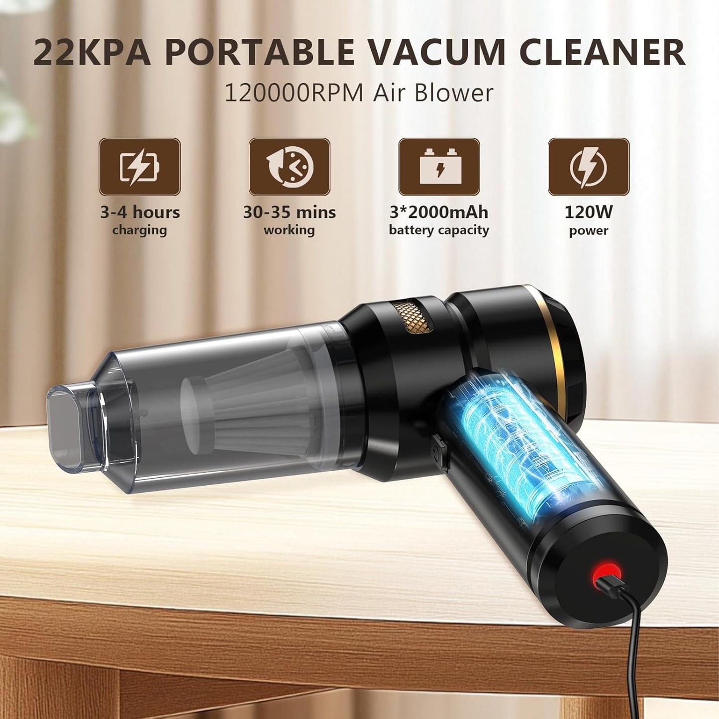 Handheld Vacuum Cordless 22000PA High Power Car Vacuum Cleaner with Brushless Motor 4-in-1 Portable Rechargeable Vacuum Air Blower Air Duster Pump for Car Home Pet Hair Office - Black