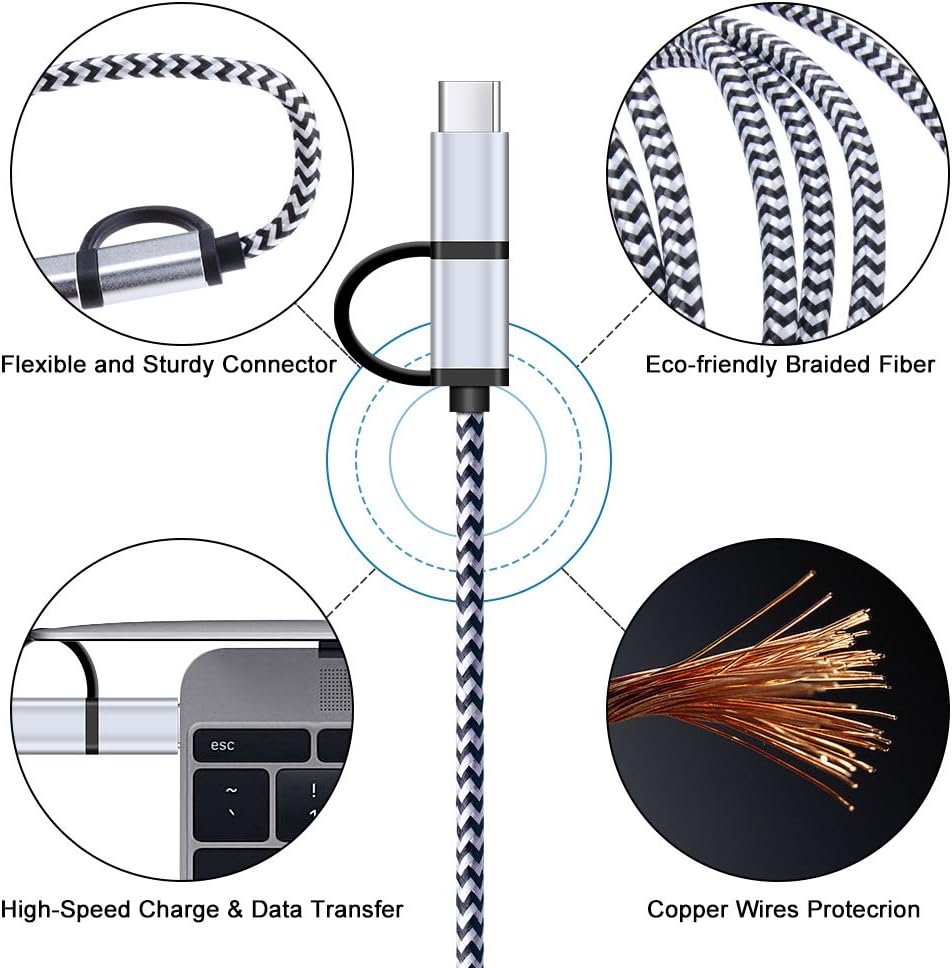 USB C Cable, SIXSIM 3Pack 6Ft 2 in 1 Cable Type C Charger Cable Nylon Braided USB A and Micro USB Cable for iPhone 16/16 Pro/16 Pro Max, Samsung Galaxy S24 S23 Ultra S22 S21 Plus, More Android Devices